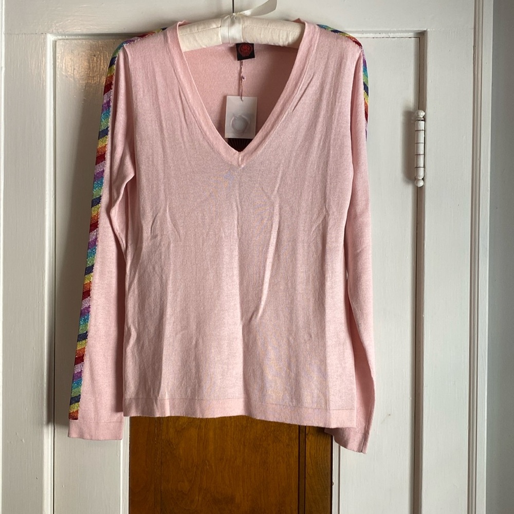 Happy Sheep Pink Silk & Cashmere Sweater With Rainbow Stripe